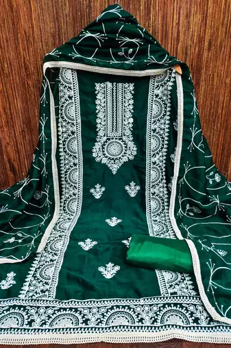Women's sea green heavy thread embroidery and designer embroidered dupatta silk dress material