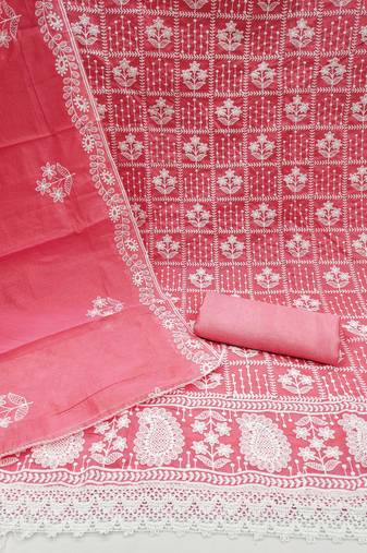 Women's peach unstitched thread embrodiery with designer embroidered dupatta chanderi cotton dress material 