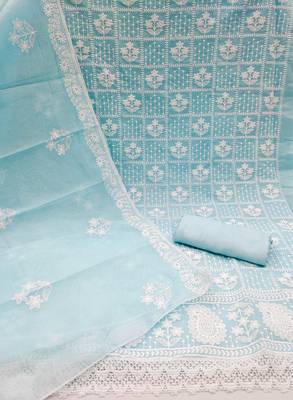 Women's sky blue thread embrodiery with designer embroidered dupatta chanderi cotton dress material 1