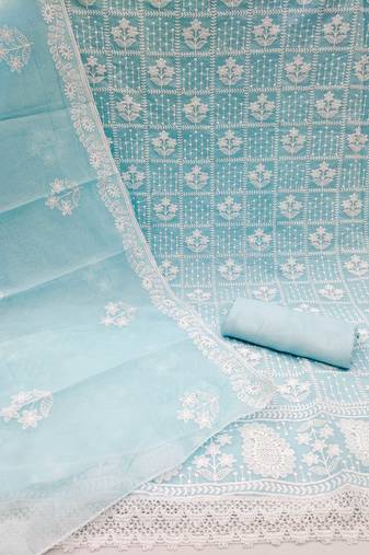Women's sky blue unstitchedthread embrodiery with designer embroidered dupatta chanderi cotton dress material (mt501sbl)
