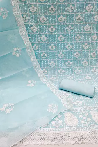 Women's sky blue thread embrodiery with designer embroidered dupatta chanderi cotton dress material