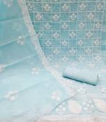 Women's sky blue thread embrodiery with designer embroidered dupatta chanderi cotton dress material