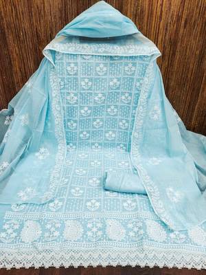 Women's sky blue thread embrodiery with designer embroidered dupatta chanderi cotton dress material 3