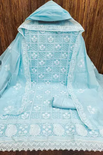 Women's sky blue thread embrodiery with designer embroidered dupatta chanderi cotton dress material