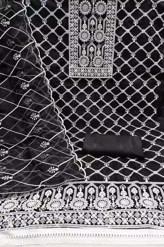Women's black thread embrodiery with designer embroidered dupatta organza dress material