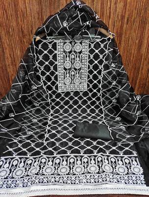 Women's black thread embrodiery with designer embroidered dupatta organza dress material 3