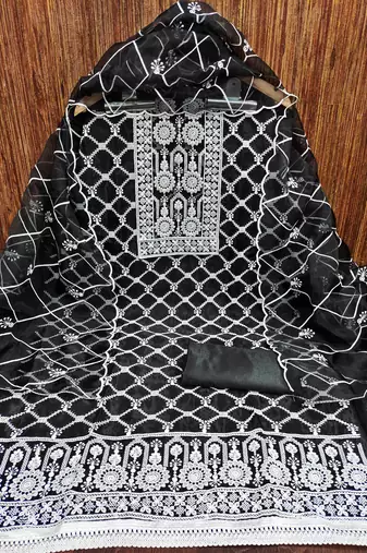 Women's black thread embrodiery with designer embroidered dupatta organza dress material