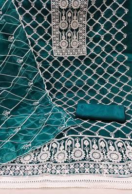 Women's green unstitched thread embrodiery with designer embroidered dupatta organza dress material (mt502grn) 2