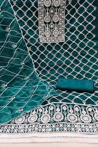 Women's green unstitched thread embrodiery with designer embroidered dupatta organza dress material (mt502grn)