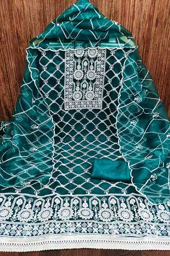 Women's green unstitched thread embrodiery with designer embroidered dupatta organza dress material (mt502grn)