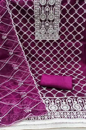 Women's magenta thread embrodiery with designer embroidered dupatta organza dress material