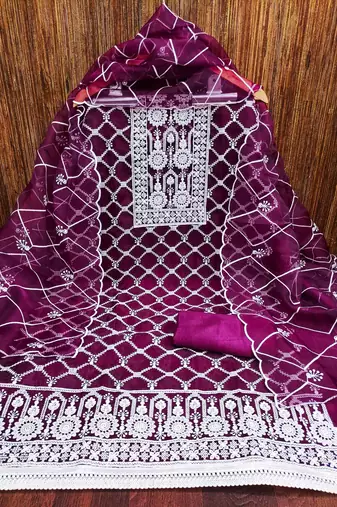 Women's magenta thread embrodiery with designer embroidered dupatta organza dress material