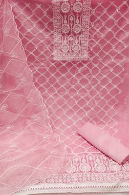 Women's pink thread embrodiery with designer embroidered dupatta organza dress material 2