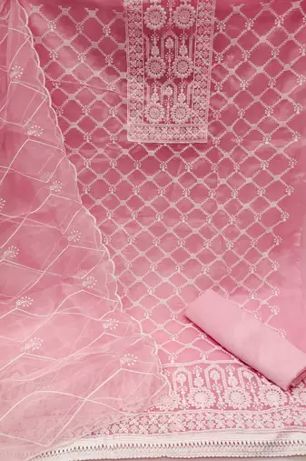 Women's pink thread embrodiery with designer embroidered dupatta organza dress material