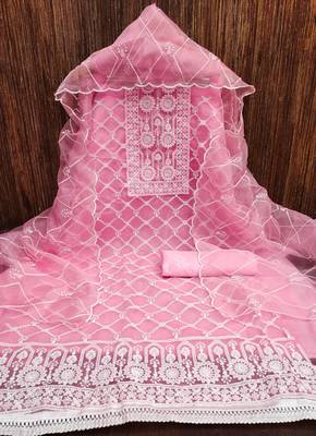 Women's pink thread embrodiery with designer embroidered dupatta organza dress material 3
