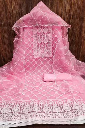 Women's pink thread embrodiery with designer embroidered dupatta organza dress material