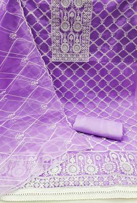 Women's purple unstitched thread embrodiery with designer embroidered dupatta organza dress material (mt502ppl) 2