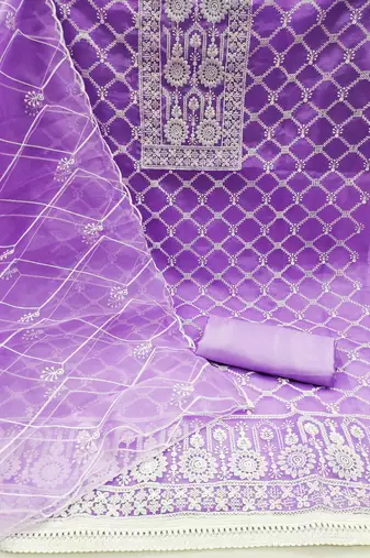 Women's purple unstitched thread embrodiery with designer embroidered dupatta organza dress material (mt502ppl)