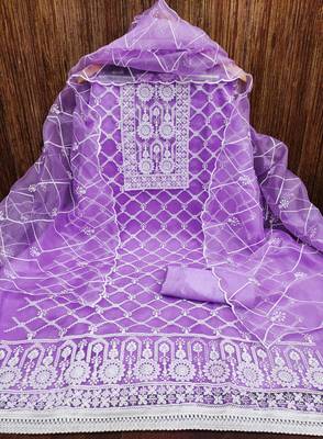Women's purple unstitched thread embrodiery with designer embroidered dupatta organza dress material (mt502ppl) 3