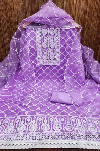 Women's purple unstitched thread embrodiery with designer embroidered dupatta organza dress material (mt502ppl)
