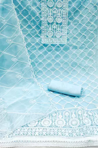 Women's sky blue thread embrodiery with designer embroidered dupatta organza dress material