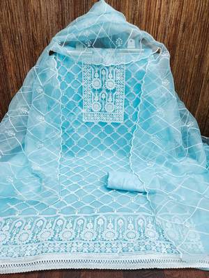 Women's sky blue thread embrodiery with designer embroidered dupatta organza dress material 3