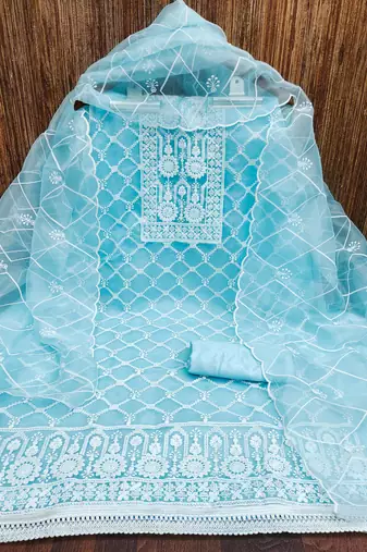 Women's sky blue thread embrodiery with designer embroidered dupatta organza dress material
