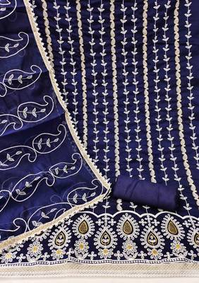 Women's blue thread embrodiery with designer embroidered dupatta chanderi cotton dress material 2