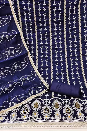 Women's blue thread embrodiery with designer embroidered dupatta chanderi cotton dress material