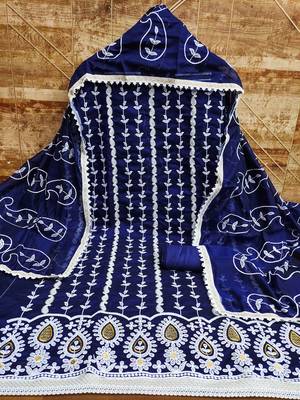 Women's blue thread embrodiery with designer embroidered dupatta chanderi cotton dress material 3