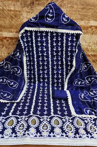 Women's blue thread embrodiery with designer embroidered dupatta chanderi cotton dress material