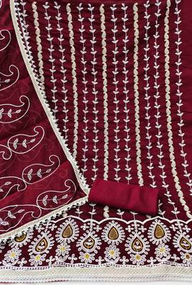 Women's maroon thread embrodiery with designer embroidered dupatta chanderi cotton dress material 1