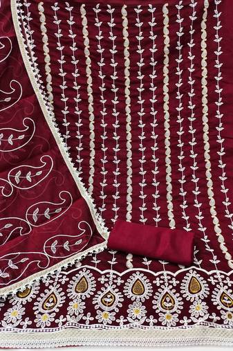 Women's maroon unstitched thread embrodiery with designer embroidered dupatta chanderi cotton dress material (mt503mrn)