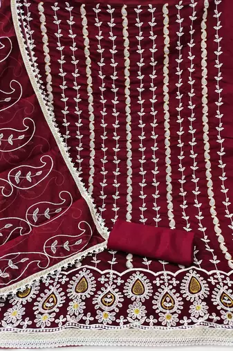 Women's maroon thread embrodiery with designer embroidered dupatta chanderi cotton dress material