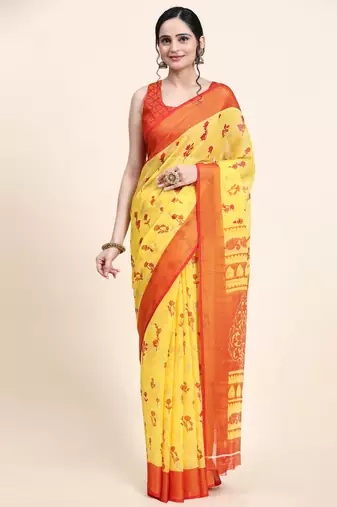  Janki-Yellow Printed Chiffon Art Sik Saree