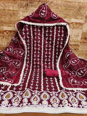 Women's maroon thread embrodiery with designer embroidered dupatta chanderi cotton dress material 3