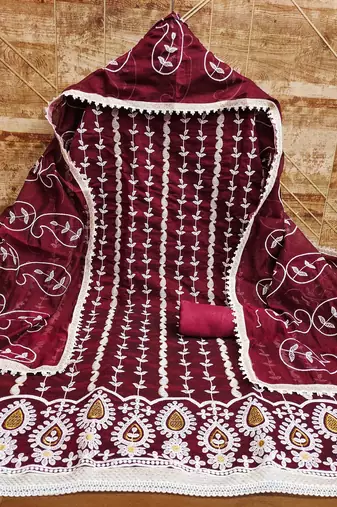 Women's maroon thread embrodiery with designer embroidered dupatta chanderi cotton dress material