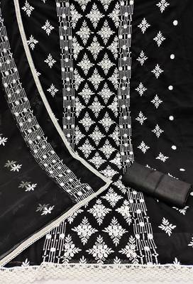 Women's black unstitched heavy thread embrodiery with designer embroidered dupatta georgette dress material (mt504blk) 2