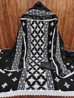 Women's black unstitched heavy thread embrodiery with designer embroidered dupatta georgette dress material (mt504blk) 3