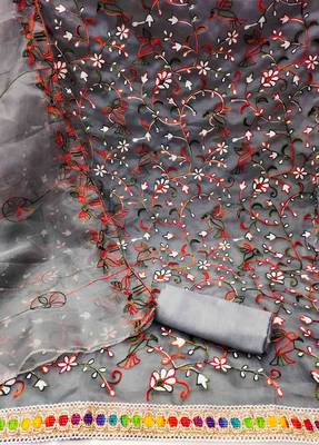 Women's grey unstitched heavy chain stitched embrodiery with embroidered dupatta organza dress material (mt505gry) 2