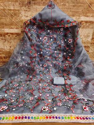 Women's grey unstitched heavy chain stitched embrodiery with embroidered dupatta organza dress material (mt505gry) 3