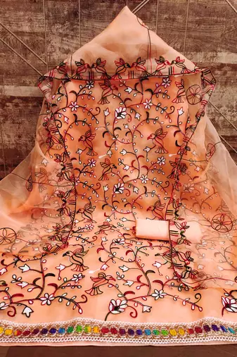 Women's peach chain stitched embrodiery with embroidered dupatta organza dress material