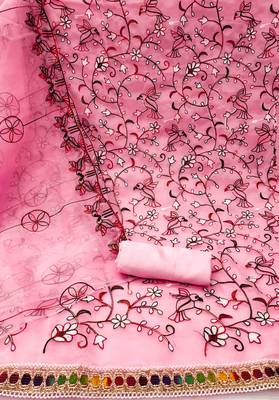 Women's pink chain stitched embrodiery thread with embroidered dupatta organza dress material 2