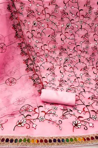 Women's pink chain stitched embrodiery thread with embroidered dupatta organza dress material