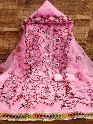 Women's pink chain stitched embrodiery thread with embroidered dupatta organza dress material 3