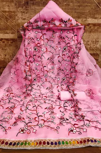 Women's pink chain stitched embrodiery thread with embroidered dupatta organza dress material