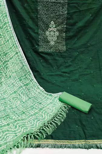 Women's green thread sequence embrodiery bandhani print dupatta parampara cotton dress material