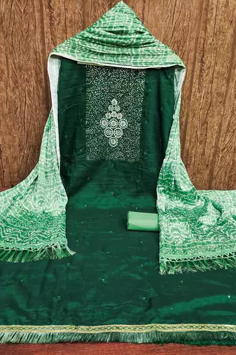 Women's green thread sequence embrodiery bandhani print dupatta parampara cotton dress material