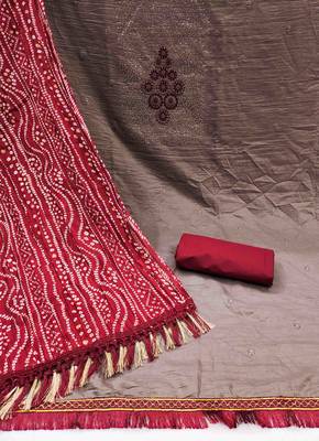 Women's grey thread sequence embrodiery bandhani print dupatta parampara cotton dress material 2