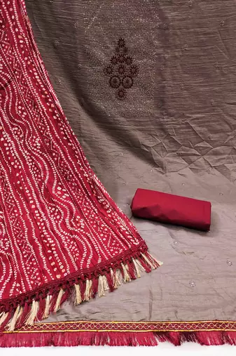 Women's grey thread sequence embrodiery bandhani print dupatta parampara cotton dress material
